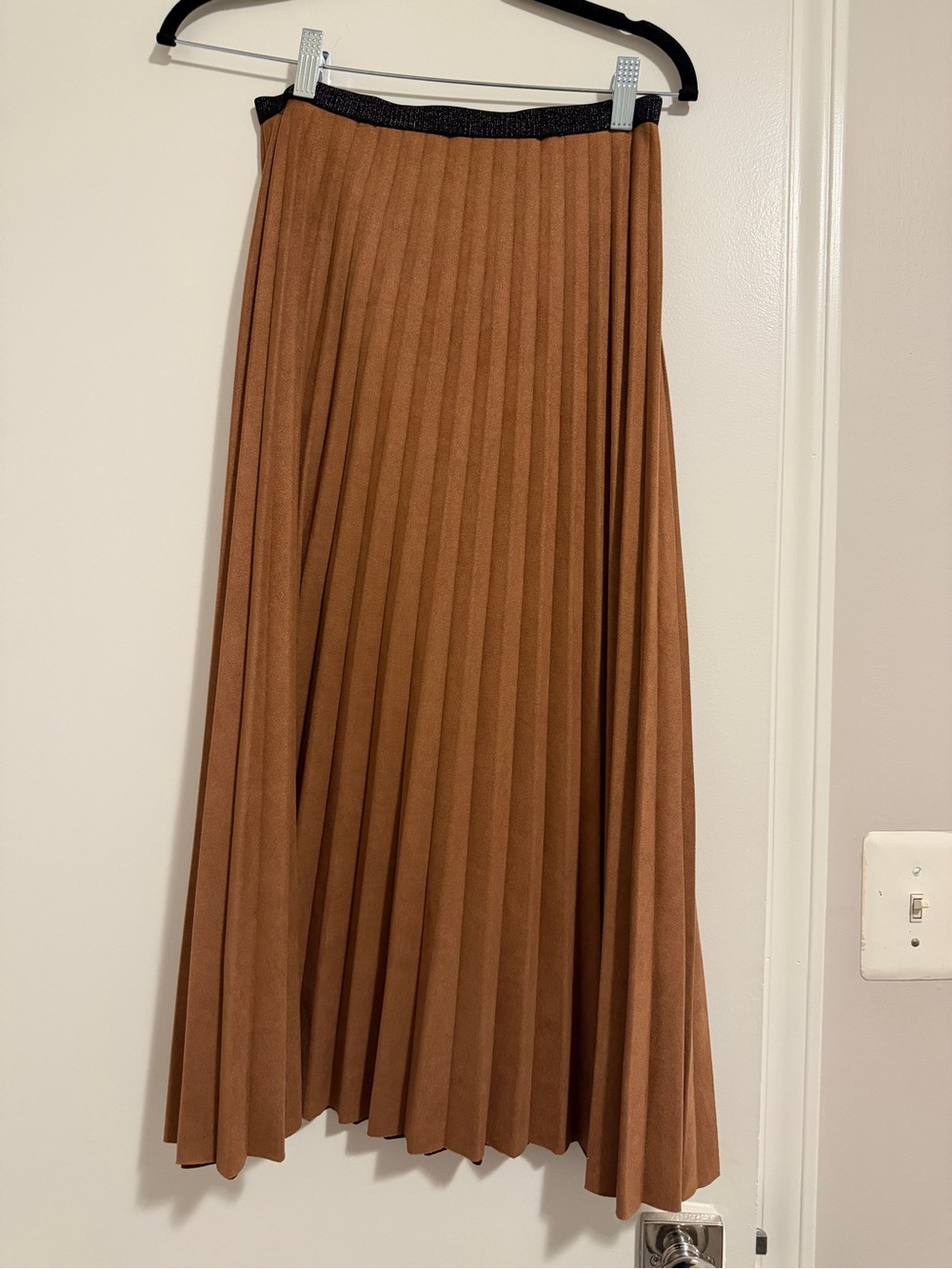 Pleated Seude Maxi Skirt in Camel Brown with Contrast Waistband